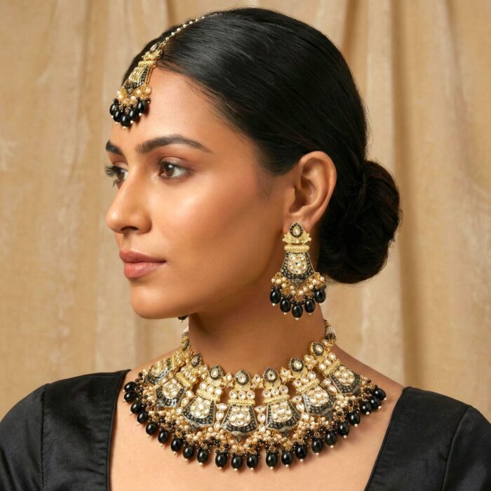 Necklace with earrings | Kundan with Black meena Necklace and Earring Set - Image 7