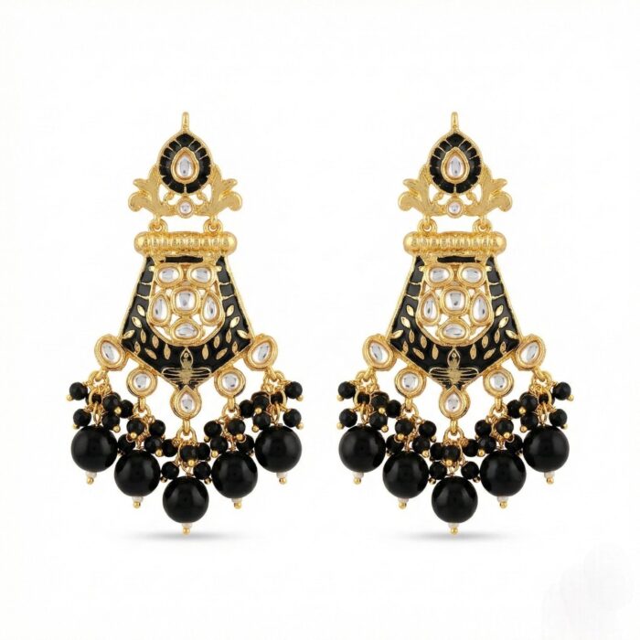 Necklace with earrings | Kundan with Black meena Necklace and Earring Set - Image 4