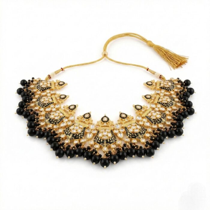 Necklace with earrings | Kundan with Black meena Necklace and Earring Set - Image 3