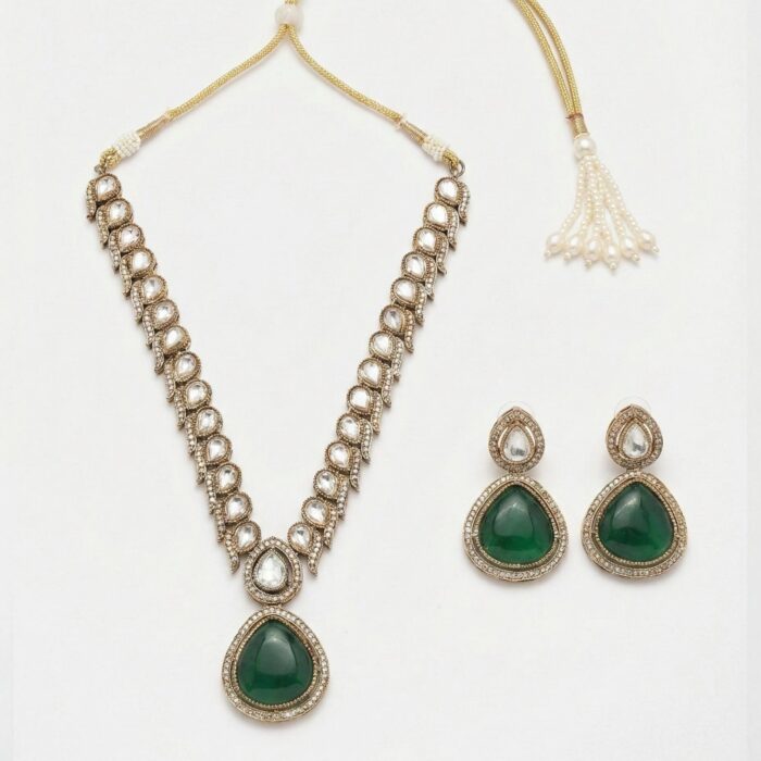 Deep Green stone based Kundan necklace set with matching earrings | Swarnika Series