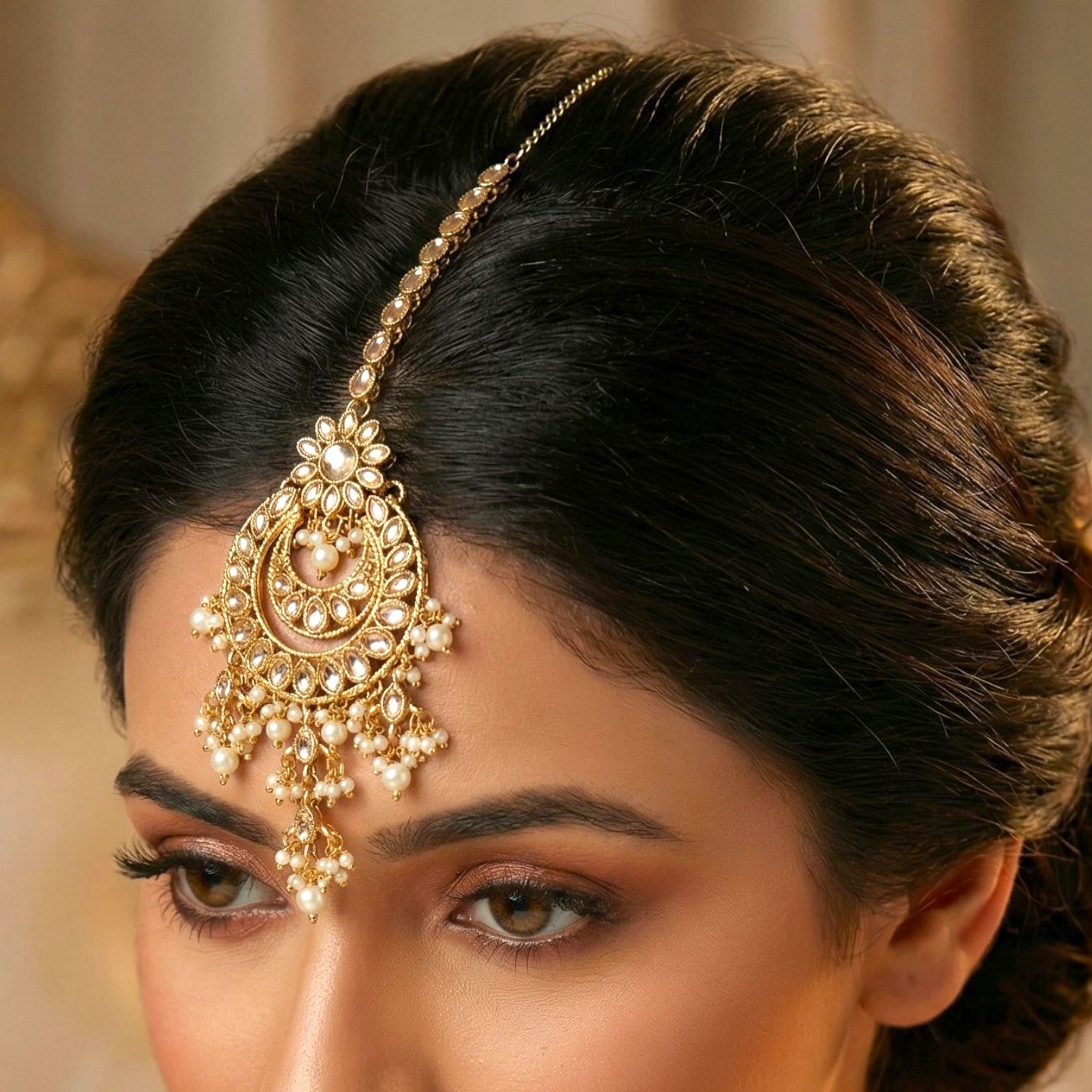 1770487543261 (1).webp Maang Tikka - White | Kundan Stone Work - Image 1