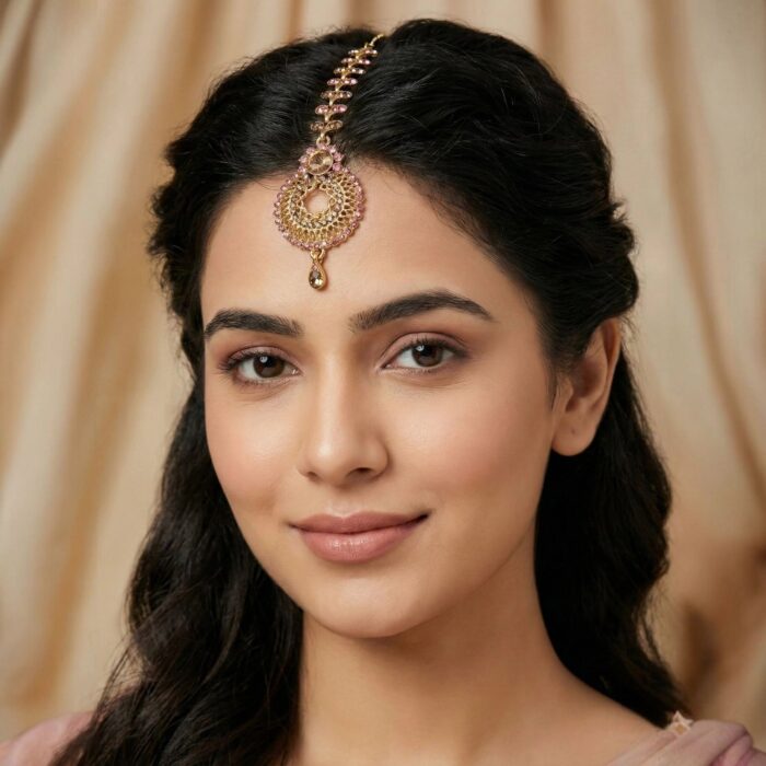 Maang Tikka - Pink | AD Stone Work - Image 2