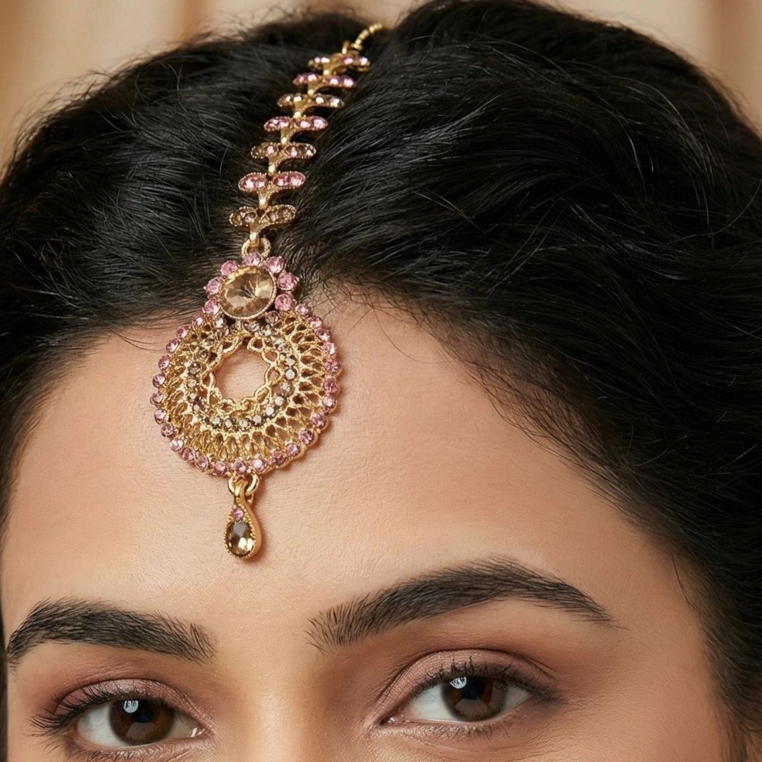 1770489869430 (1).webp Maang Tikka - Pink | AD Stone Work - Image 1