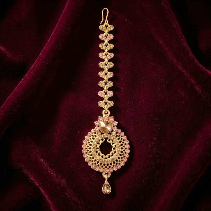 Maang Tikka - Pink | AD Stone Work - Image 3