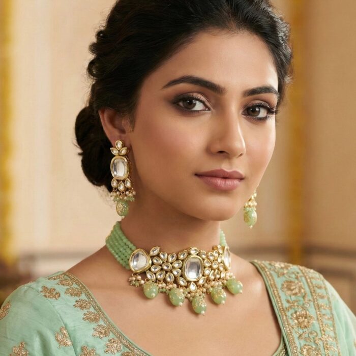 Pastel Green Kundan Choker Necklace with Matching Earrings