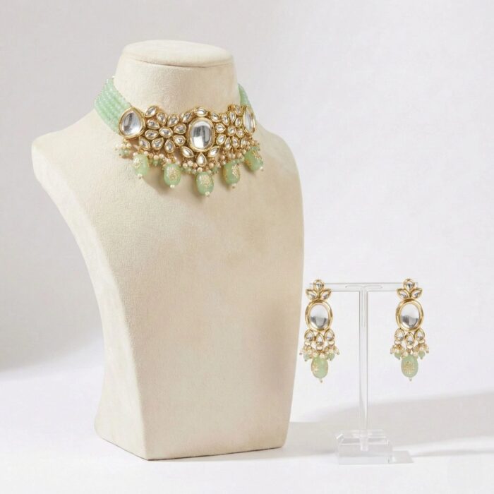 Swarnika Series Pista Green Kundan Choker Set – Front View