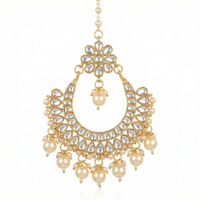 Kundan Stone Work - Maang Tikka - Chand - White - Image 4