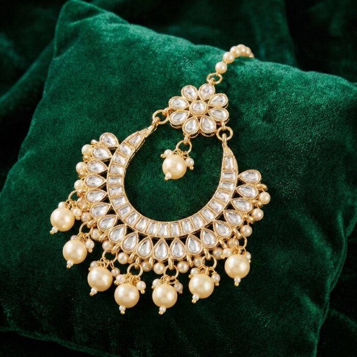 Kundan Stone Work - Maang Tikka - Chand - White - Image 3