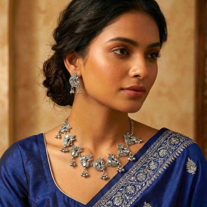 Silver oxidized Kundan Necklace set with matching earring | Navratri Jewelry Collection