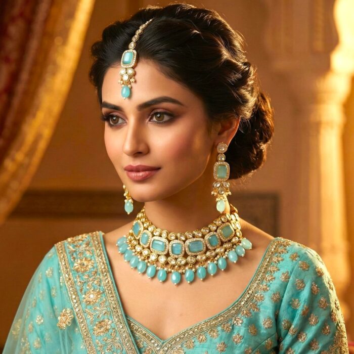 Swarnika Emerald Dew - Turquoise | Kundan Choker Necklace Set - Image 7