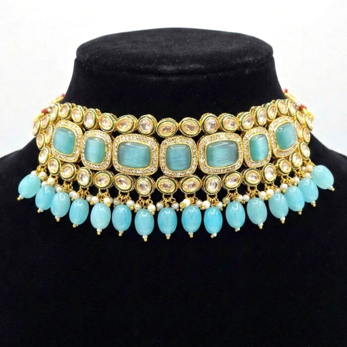 Swarnika Emerald Dew - Turquoise | Kundan Choker Necklace Set - Image 2