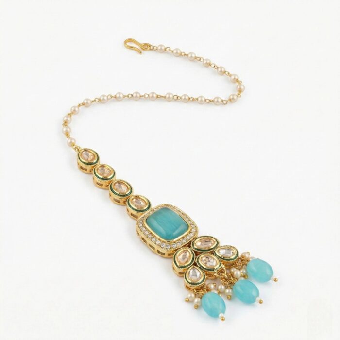Swarnika Emerald Dew - Turquoise | Kundan Choker Necklace Set - Image 3