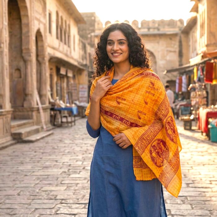 Radhey Radhey printed Scarf - Saffron - Image 4