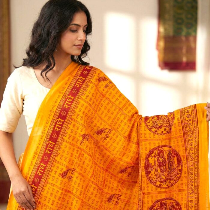 Radhey Radhey printed Scarf - Saffron - Image 2