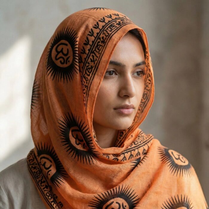 OM printed Cotton Scarf - Orange - Image 5