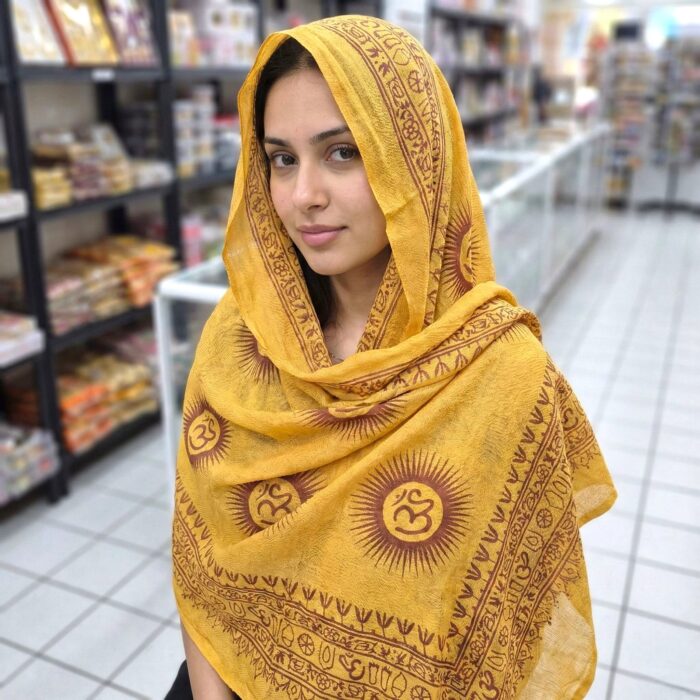 OM printed Cotton Scarf - Yellow - Image 5
