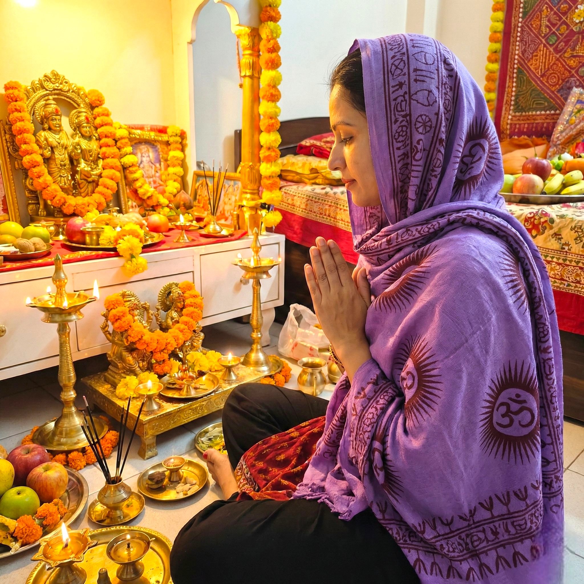 1770935973664.webp OM printed Cotton Scarf - Purple - Image 1