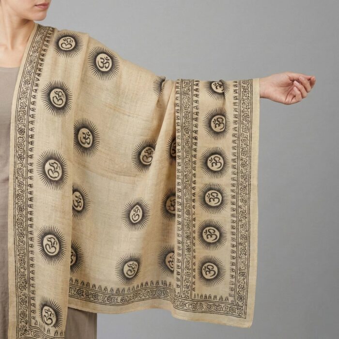OM printed Cotton Scarf - Cream - Image 5