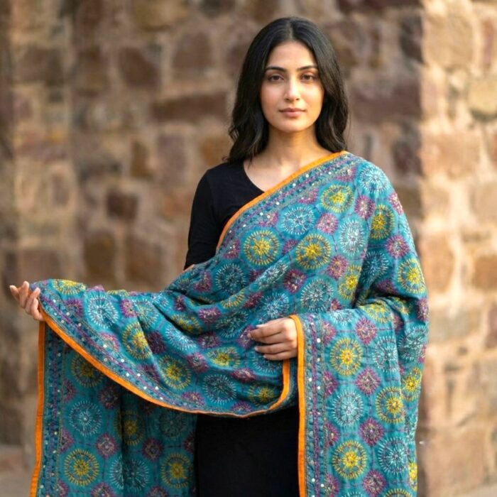 Scarf / Stole for Women | Phulkari Work | Elegant Dupatta 32x84 - Turquoise - Image 6