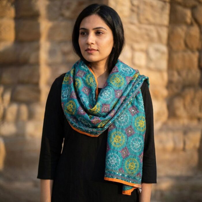 Scarf / Stole for Women | Phulkari Work | Elegant Dupatta 32x84 - Turquoise - Image 2