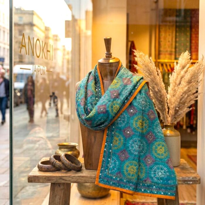 Scarf / Stole for Women | Phulkari Work | Elegant Dupatta 32x84 - Turquoise - Image 4