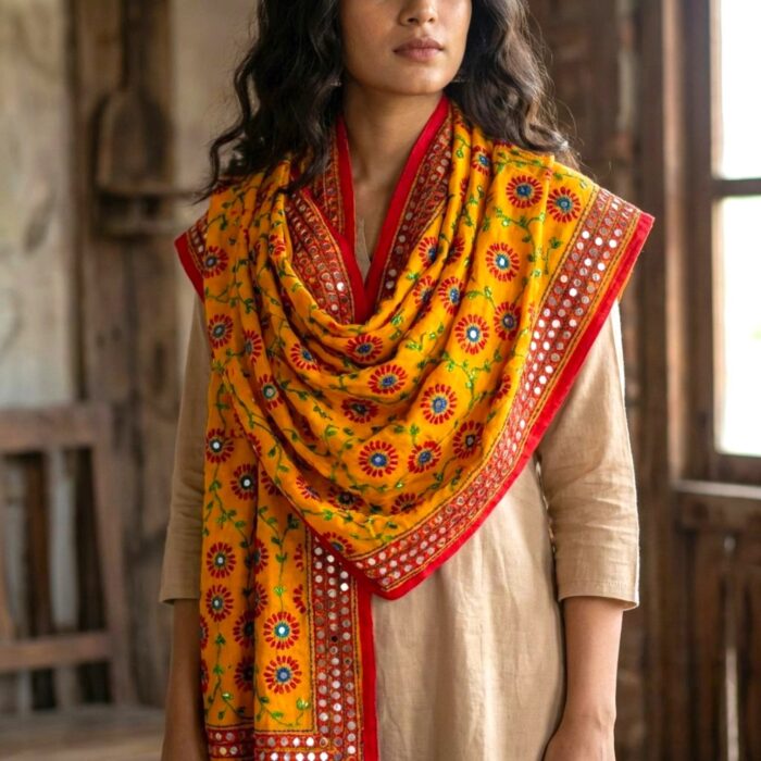 Elegant Phulkari Dupatta for Women - Brite Yellow - Image 2