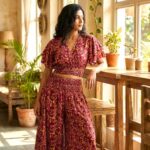 Silk V-Neck Top with Palazzo Crop Set - Maroon