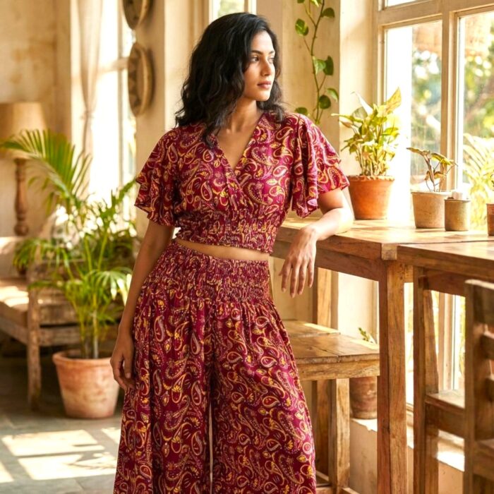 Silk V-Neck Top with Palazzo Crop Set - Maroon - Image 7