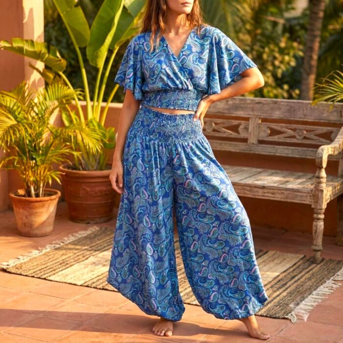 Silk V-Neck Top with Palazzo Crop Set - Turquoise - Image 7