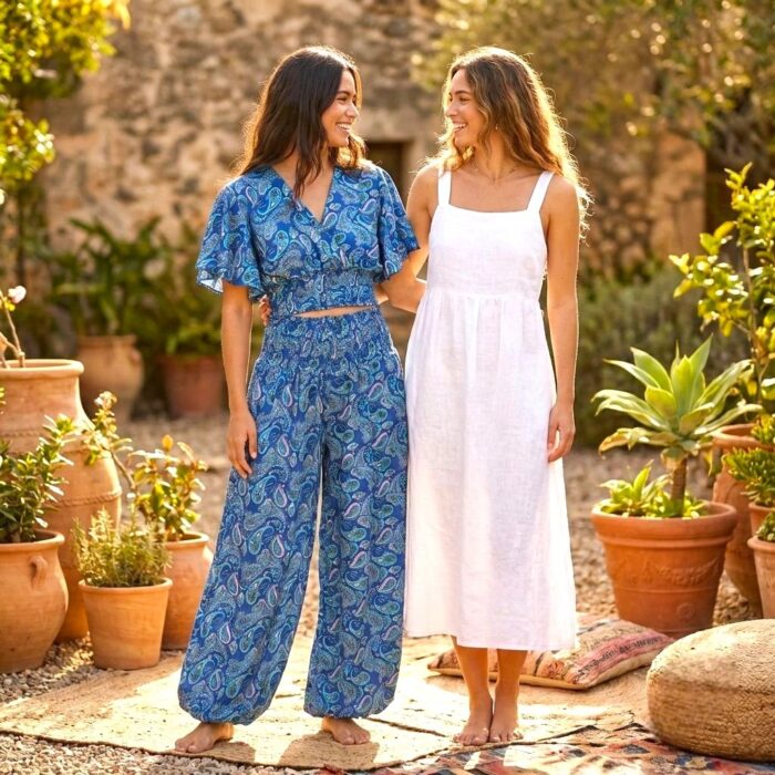 Silk V-Neck Top with Palazzo Crop Set - Turquoise - Image 2