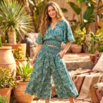 Silk V-Neck Top with Palazzo Crop Set - Green