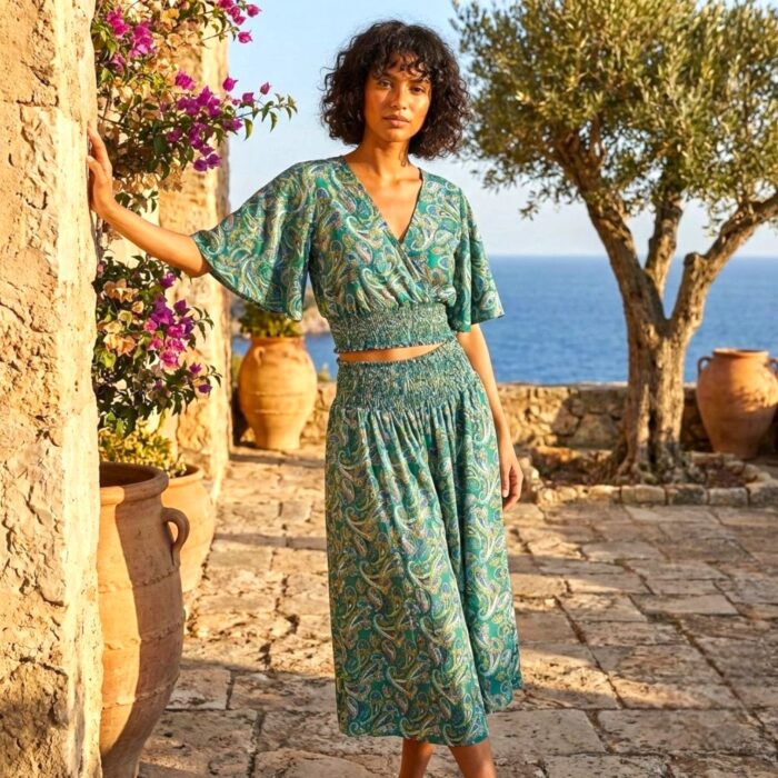 Silk V-Neck Top with Palazzo Crop Set - Green - Image 2