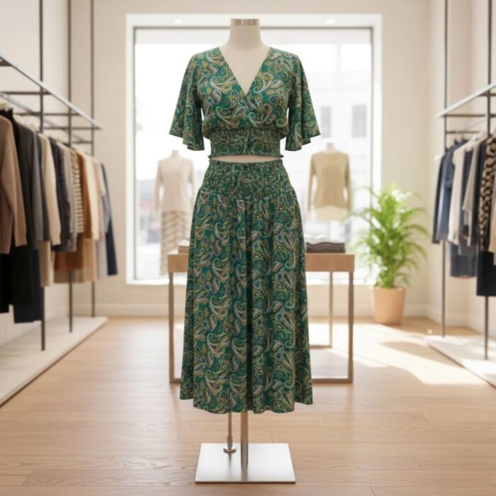 Silk V-Neck Top with Palazzo Crop Set - Green - Image 3