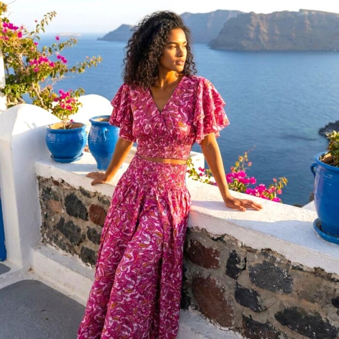 Silk V-Neck Top with Palazzo Crop Set - Pink - Image 2