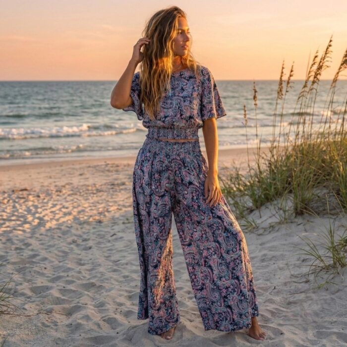 Silk V-Neck Top with Palazzo Crop Set - Blue - Image 2