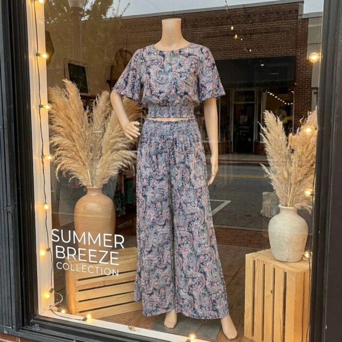 Silk V-Neck Top with Palazzo Crop Set - Blue - Image 3