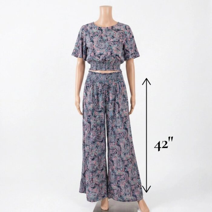 Silk V-Neck Top with Palazzo Crop Set - Blue - Image 4