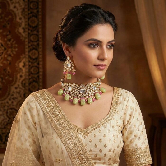 Swarnika Emerald Dew - Pista Green | Kundan Choker Necklace Set - Image 6