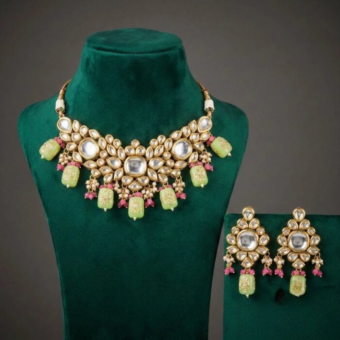 Swarnika Emerald Dew - Pista Green | Kundan Choker Necklace Set - Image 5