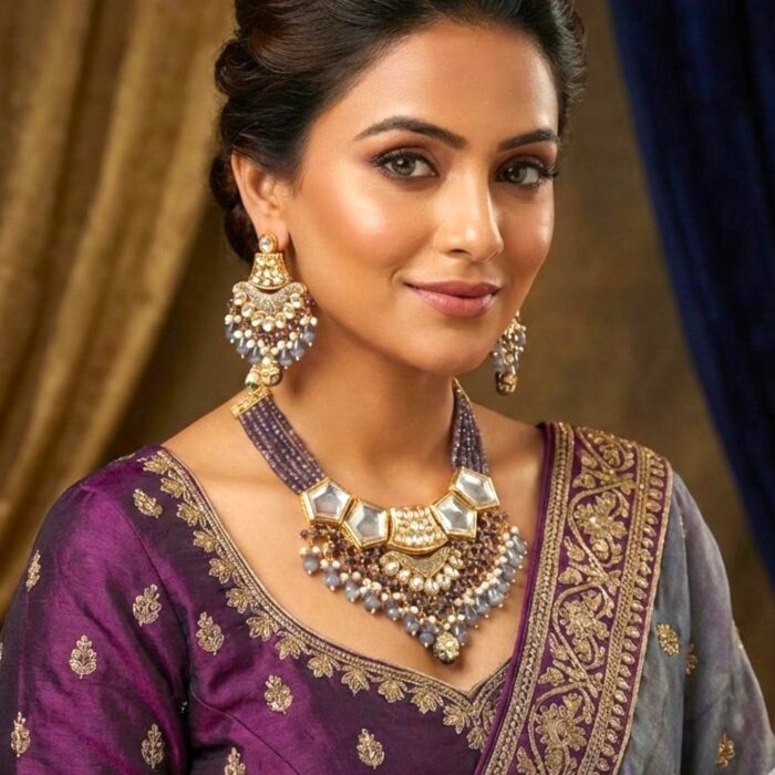Necklace with earrings | Kundan Necklace and Earring Set - Image 5
