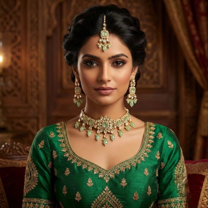 Swarnika Emerald Dew - Pista Green | Kundan Choker Necklace Set with Tikka - Image 6