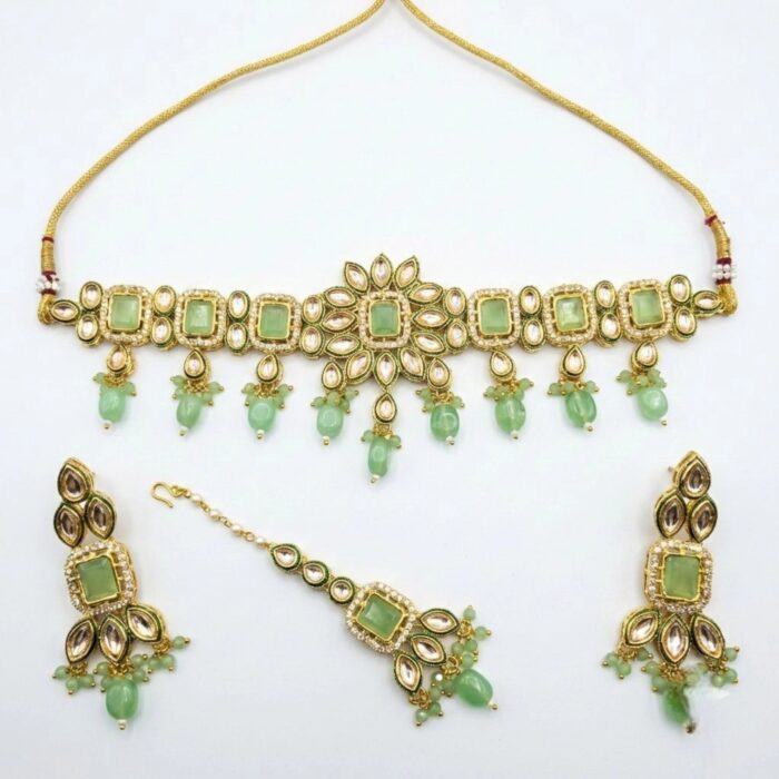 Swarnika Emerald Dew - Pista Green | Kundan Choker Necklace Set with Tikka - Image 5