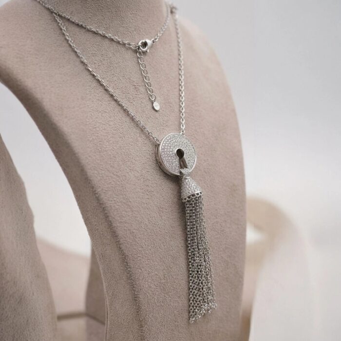 Silver Chain 925 rhod with silver tassel + zirconia | Sterling Silver Necklace - Image 2