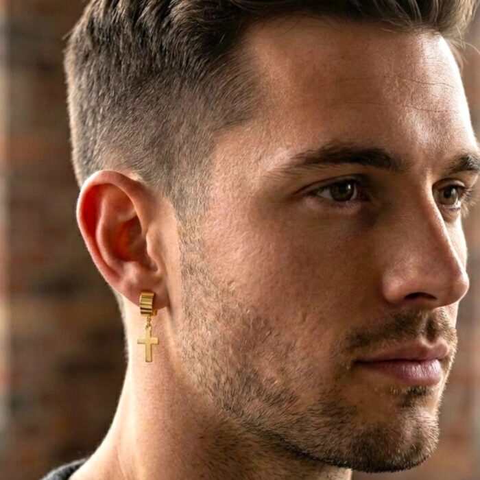 Pair of Gold plated Cross Clip Earrings - Men - Image 6