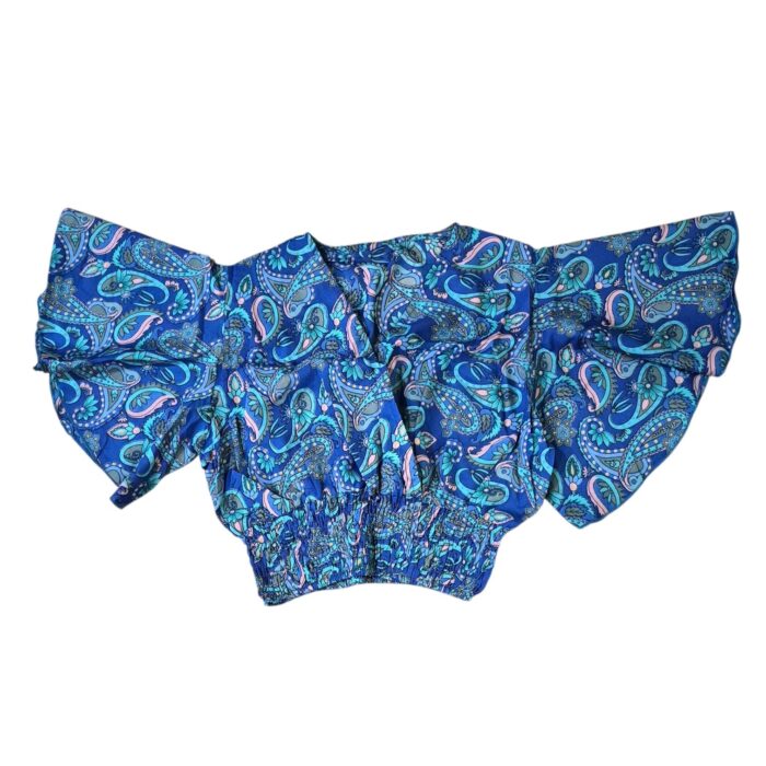 Silk V-Neck Top with Palazzo Crop Set - Turquoise - Image 6