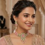 Pastel pink Kundan Choker set with matching pink crystals and white pot necklace