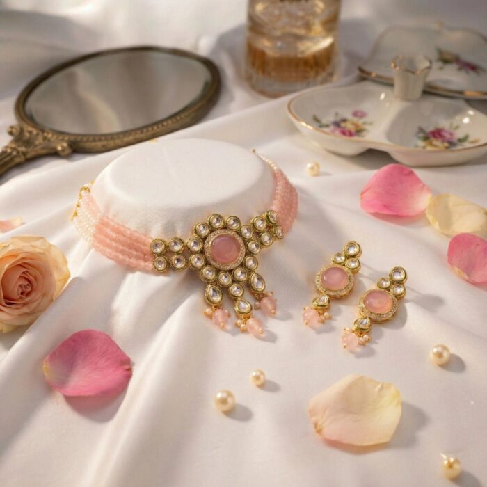 Swarnika Series Pastel Pink Kundan Choker Set – Front View