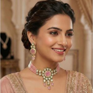 Pastel pink Kundan Choker set with matching pink crystals and white pot necklace