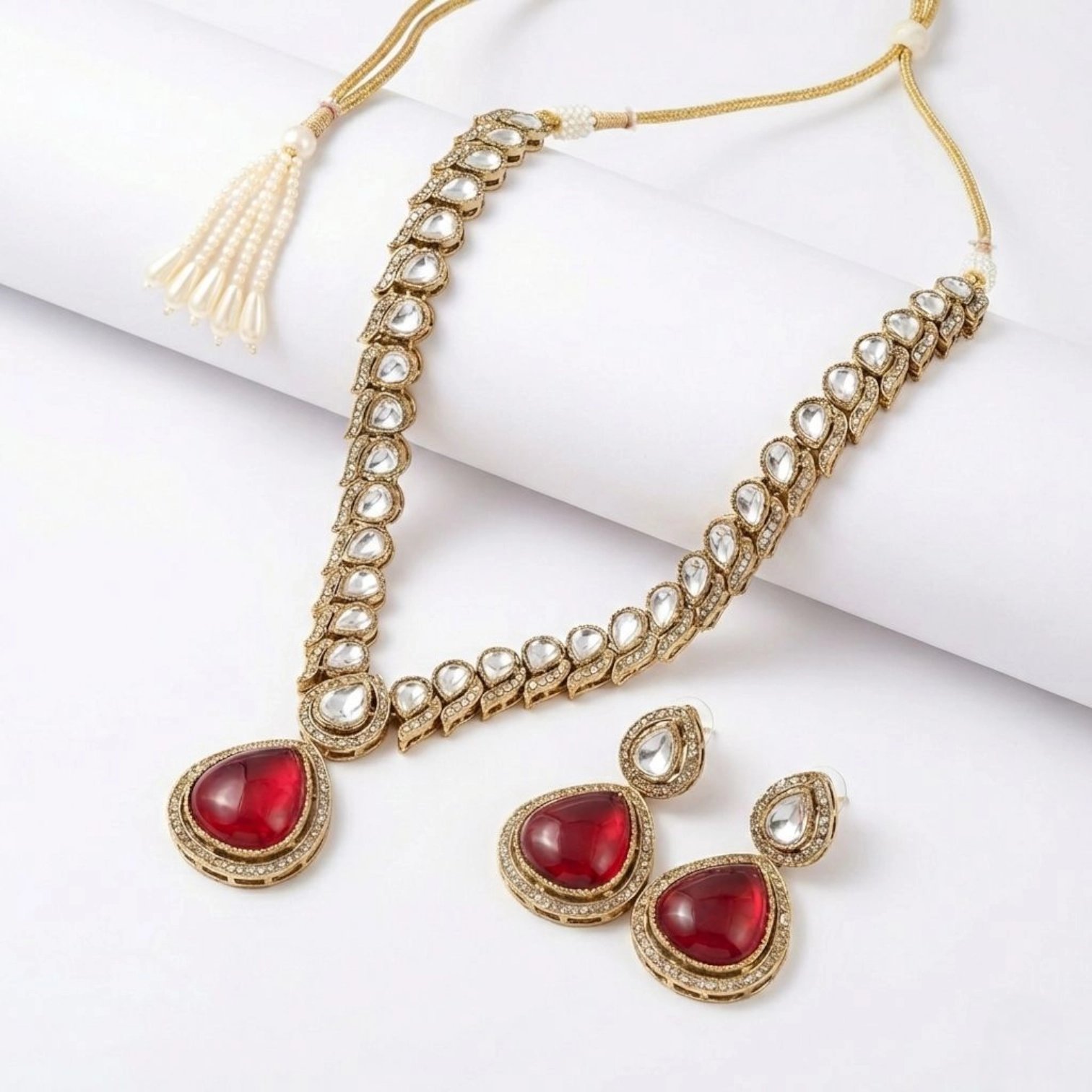 Elegant Party wear Kundan Necklace Set Rich Maroon stone based Kundan necklace set with matching earrings | Swarnika Series