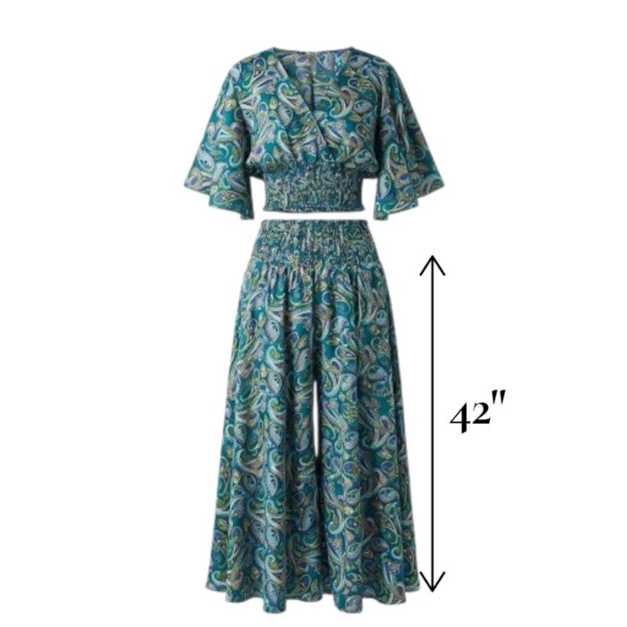 Silk V-Neck Top with Palazzo Crop Set - Green - Image 4